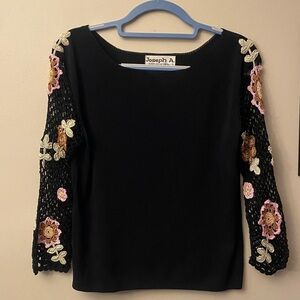 Vintage Joseph A Black Top with Floral Crochet Sleeves